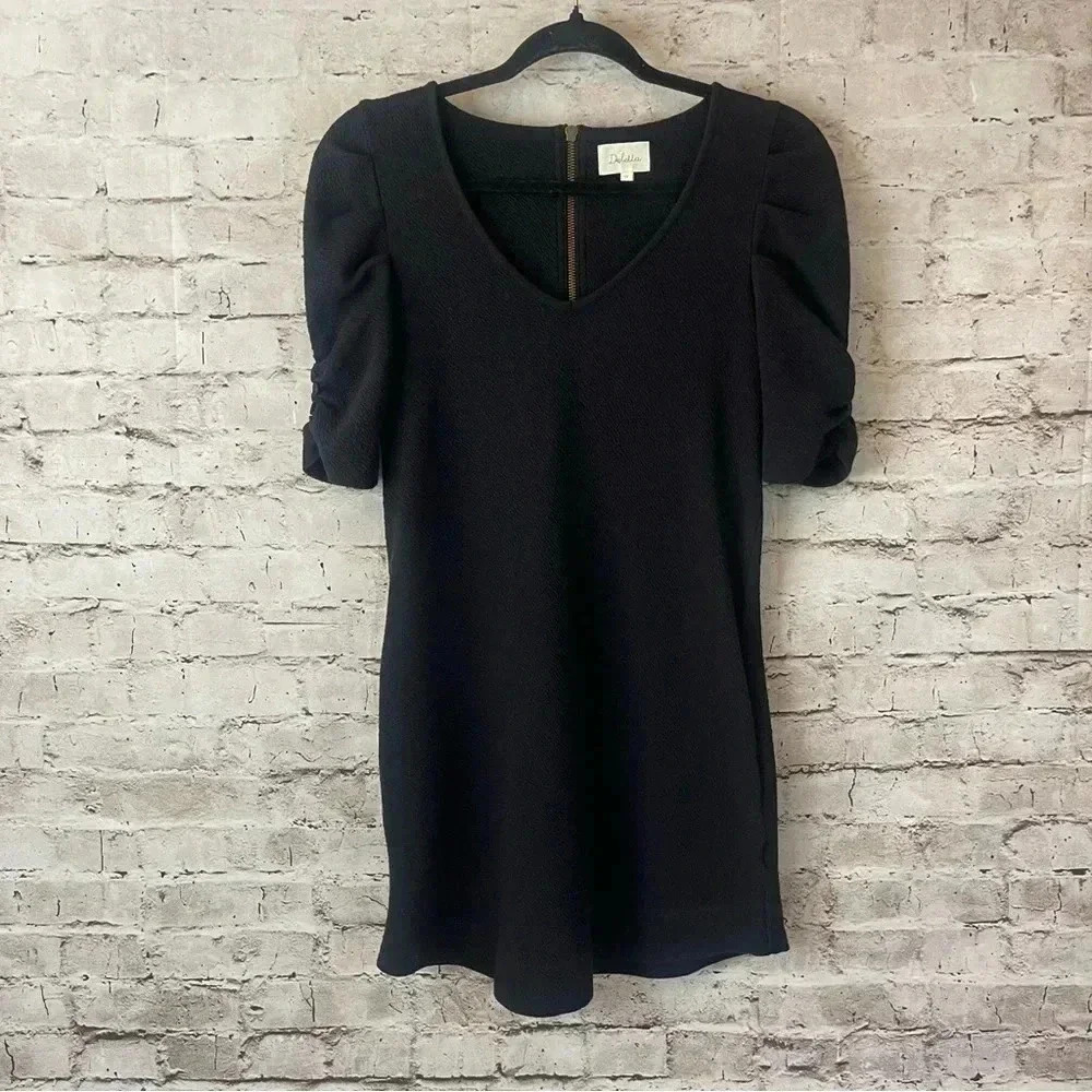 Anthropologie Deletta Puff Sleeve Dress XS Black V Neck Pockets Cotton Stretch